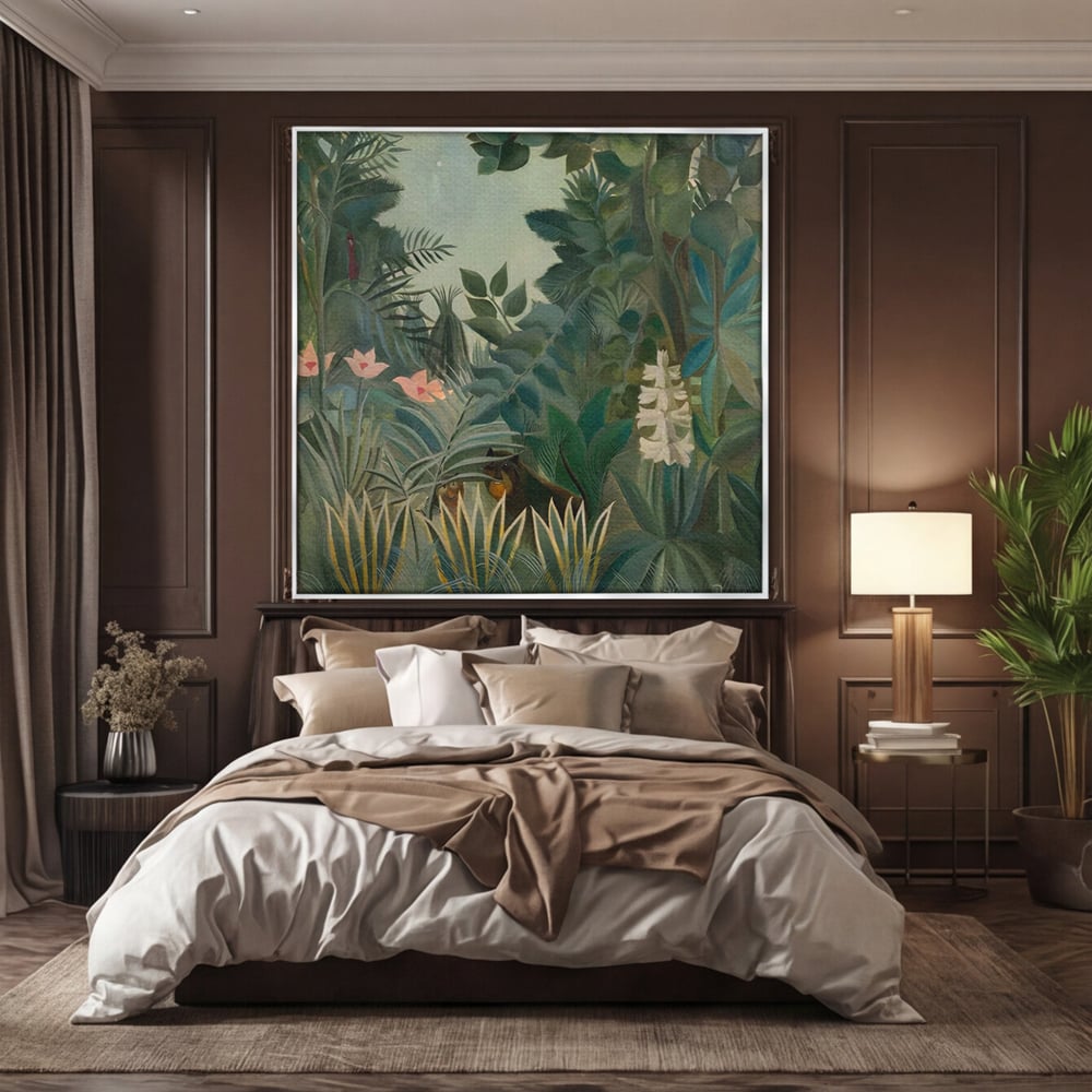 Tablou canvas cu pictura decorativa cu peisaj de jungla, in rama de aluminiu argintiu, pe perete intr-un dormitor
